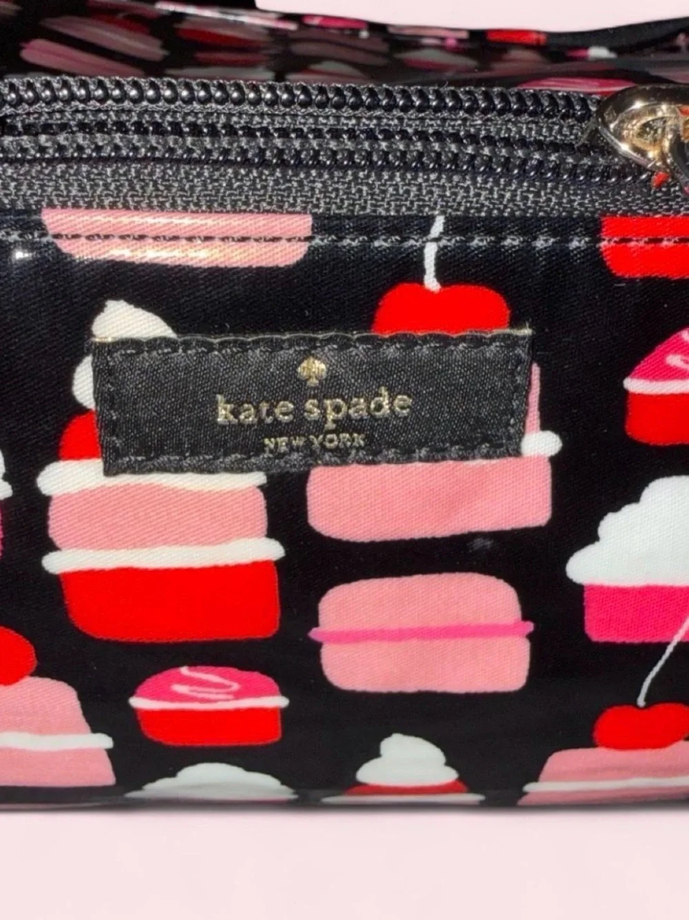 kate spade Black Cosmetic Pouch with Pink and Red Cupcake Motif